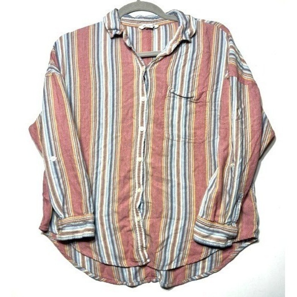 American‎ Eagle Striped Linen Blend Button Coastal Shirt Small Roll Tab Sleeve